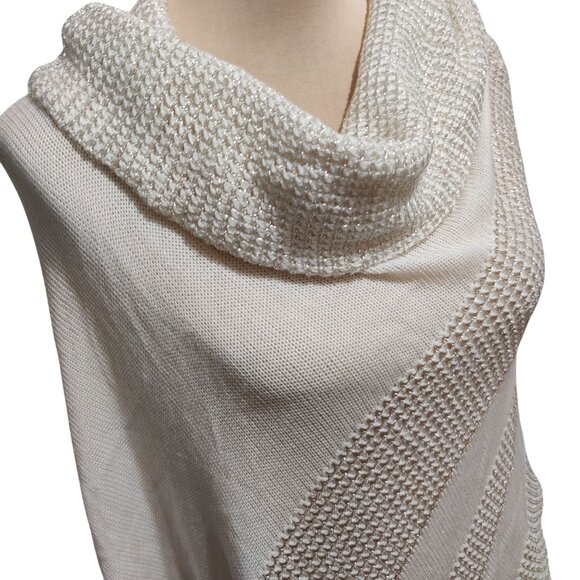 Belldini S M Ivory Metallic Knit Asymmetrical Poncho Sweater Cowl Neck Pullover - Picture 2 of 11